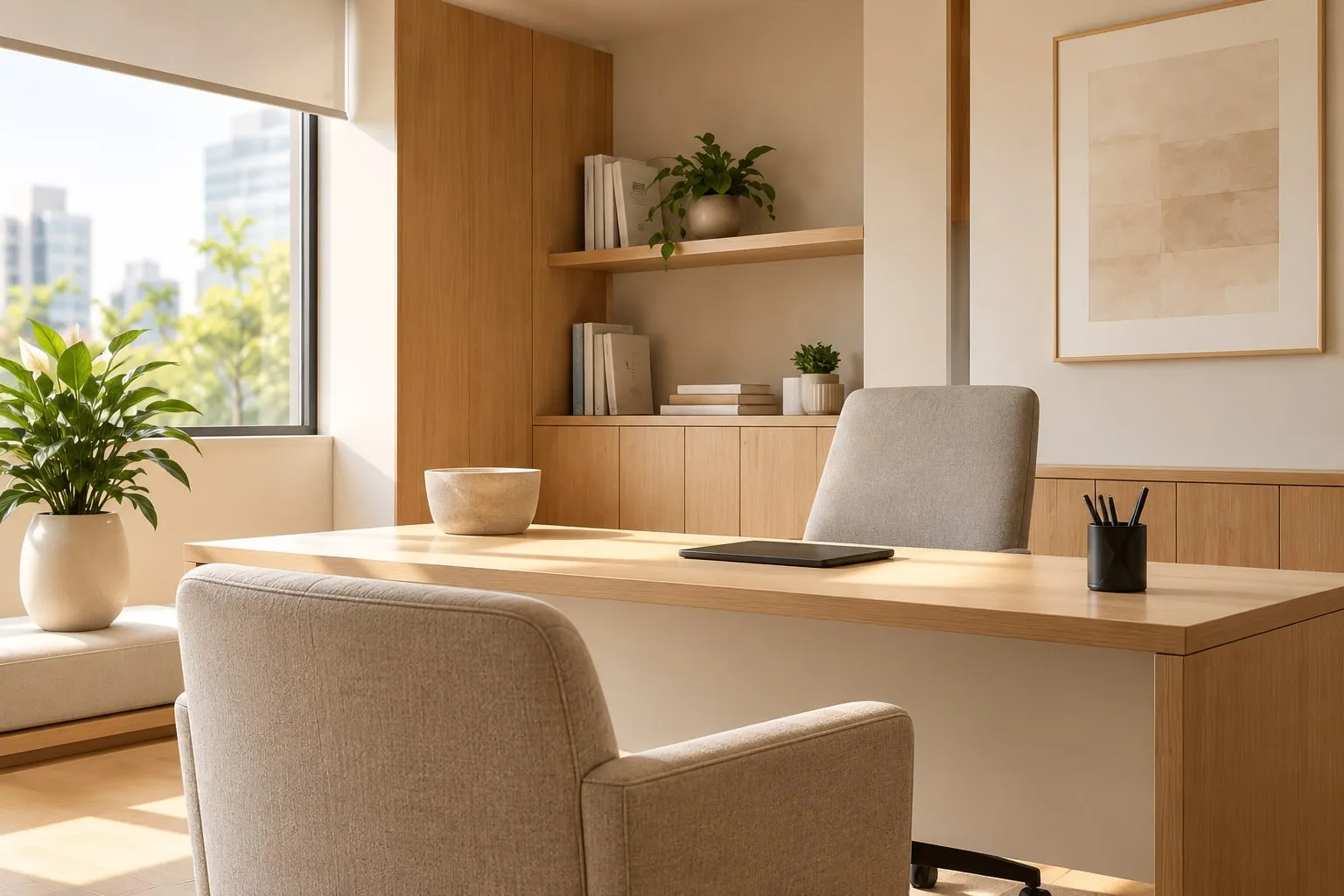 Interior ilustrativo de una consulta: escritorio de madera, sillones claros y estantería con plantas junto a una ventana.